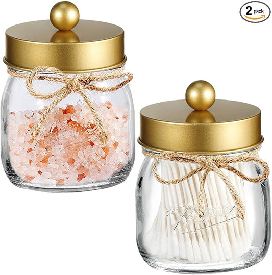 SheeChung 2 Pack Qtip Holder for Bathroom, Cotton Swab Holders, Cute Mason Jars Decor, Bathroom Decor and Accessories for Cotton Round Pads, Balls, Floss Pick - Brushed Gold