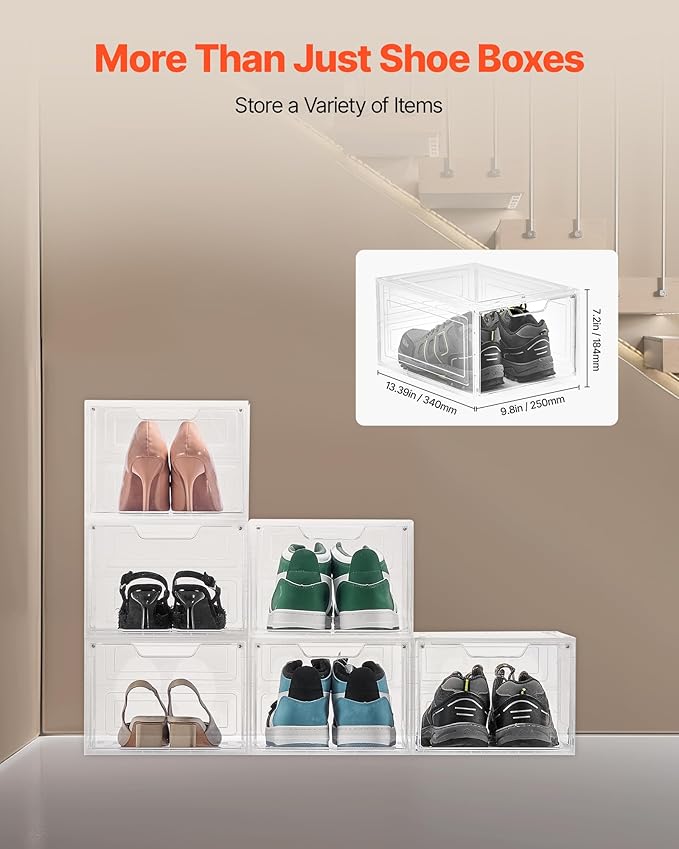 VEVOR Shoe Storage Boxes, 6 Pack Clear Stackable Shoe Boxes Storage Organizers with Magnetic Door, Fit up to US Size 13, Plastic Sneaker Containers for High Heels, Boots, and Hats, Transparent White