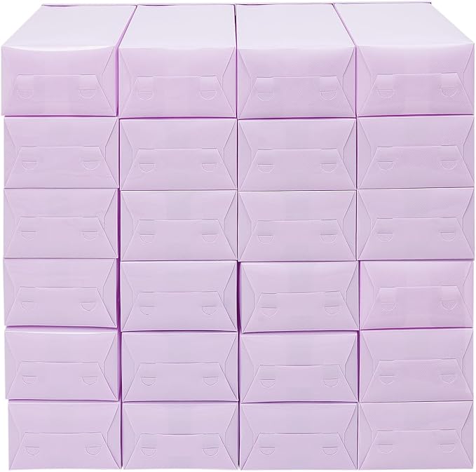 24 Pack Shoe Storage Boxes, Clear Stackable Shoe Organizer for Closet with Flip Lid, Foldable Plastic Shoe Boxes Sneaker Containers for Entryway, Closet, Under Bed (Purple)
