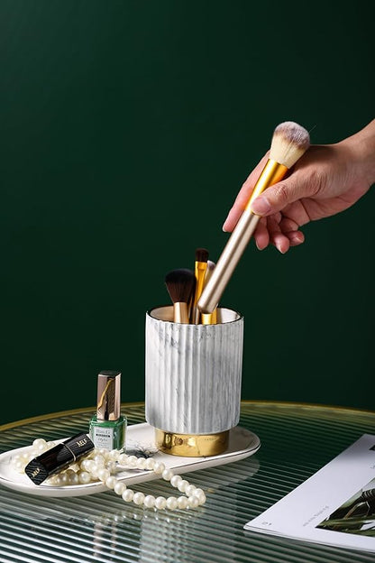 IEEK Makeup Brush Holder Organizer Pen Pencil Cup Glass Make Up Brushes and Toothbrush Organizer for Bathroom Vanity Desktop European Style Striped Brushes Container,Grey and Gold