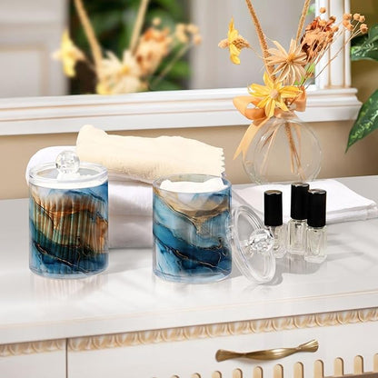 2 Pack Qtip Holder Dispenser for Cotton Ball Gold Marble Blue Fluid Marble Swab Round Pads Clear Plastic Acrylic Jar Set Bathroom Canister