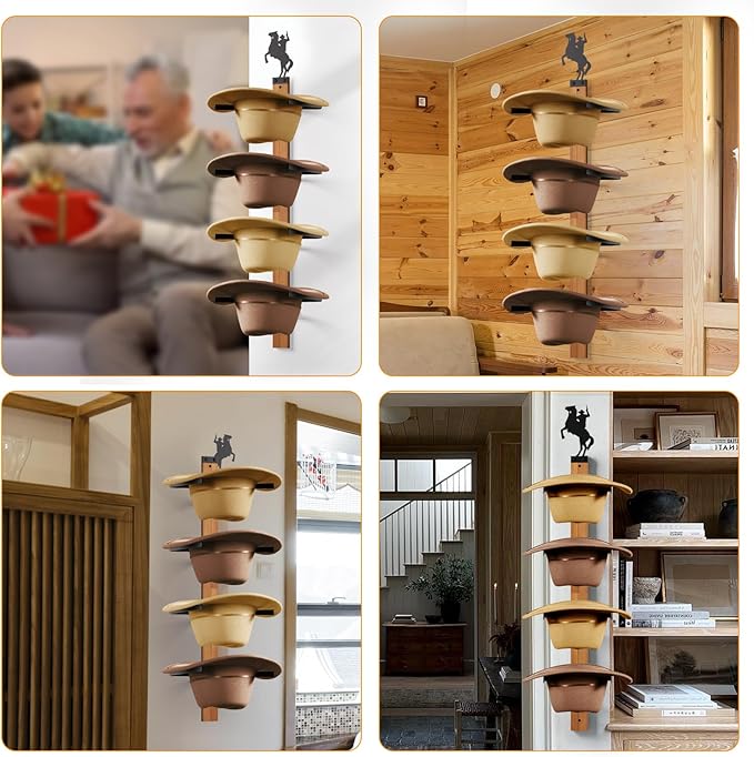 Cowboy Hat Rack, 4 Pieces Hat Rack for Cowboy with Wooden Board, Gift Cowboy Hat Holder Wall Storage-Organizer Western Hats with Style and Ease