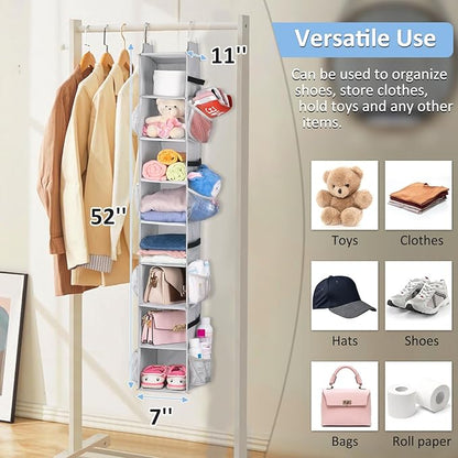 SLEEPING LAMB 8 Shelves Hanging Shoe Rack Hanger, Narrow Hanging Shoe Organizer for Closet Storage Clothes, Gloves, Bags, with 8 Large Mesh Pockets to Hold 16 Pairs Shoes in Dorm, Grey