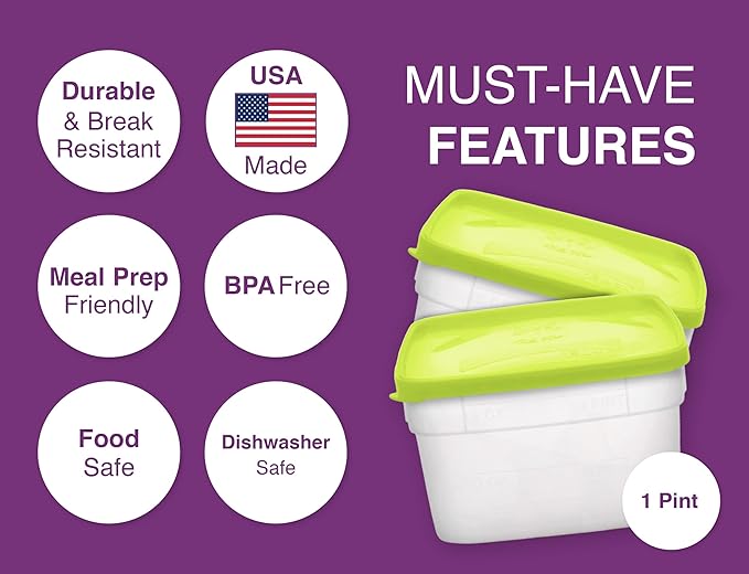 Arrow Freezer Containers, 1 Pint - 10 pk with Lids - Reusable Plastic Food Storage - Prep, Store, Freeze - BPA Free - Dishwasher Safe
