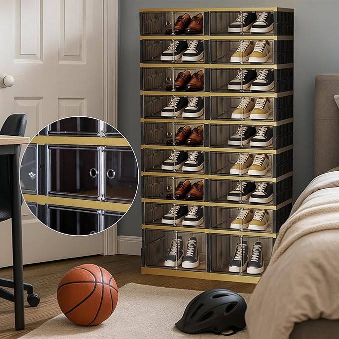SYNCVIBE Shoe Rack Organizer for Closet Entryway Foldable Sneaker Storage Shoe, Collapsible Shoe Cabinet, Stackable Shoe Storage Cabinet with Lids for Living Room (9 Tiers -36 Pairs Black Gold)
