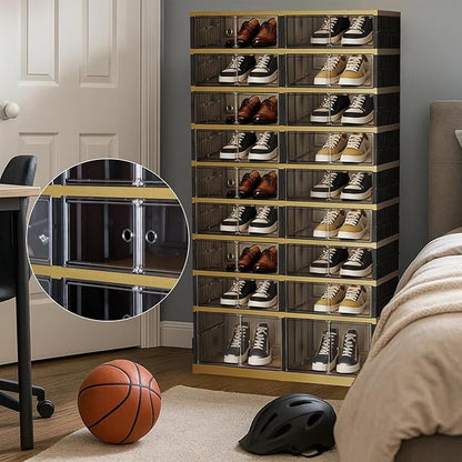 SYNCVIBE Shoe Rack Organizer for Closet Entryway Foldable Sneaker Storage Shoe, Collapsible Shoe Cabinet, Stackable Shoe Storage Cabinet with Lids for Living Room (9 Tiers -36 Pairs Black Gold)