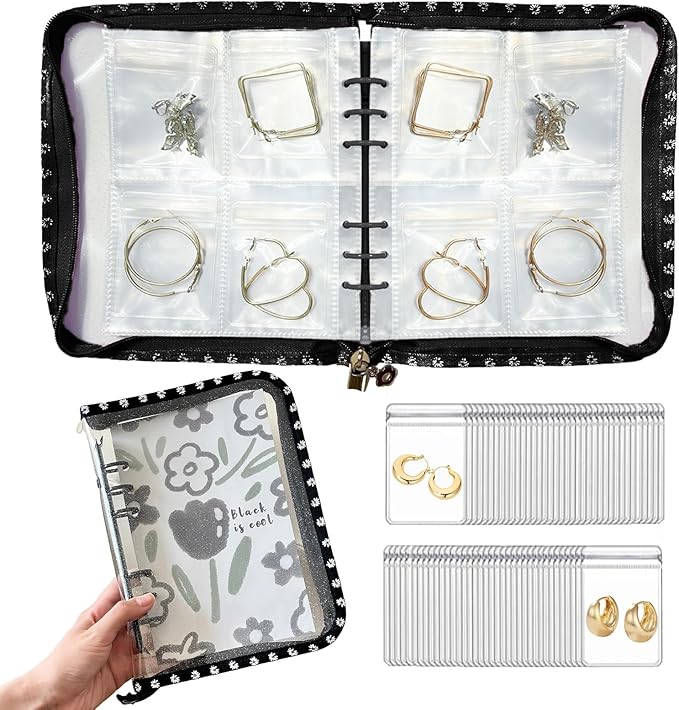 Jewelry Organizer Travel,Jewelry Storage Book with 80 Small PVC pouches,Portable Jewelry Organizer Zipper Bags for Necklaces Bracelet Rings and Earrings (front cover removable),Black