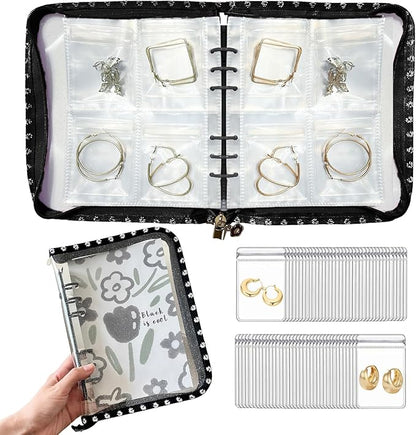 Jewelry Organizer Travel,Jewelry Storage Book with 80 Small PVC pouches,Portable Jewelry Organizer Zipper Bags for Necklaces Bracelet Rings and Earrings (front cover removable),Black