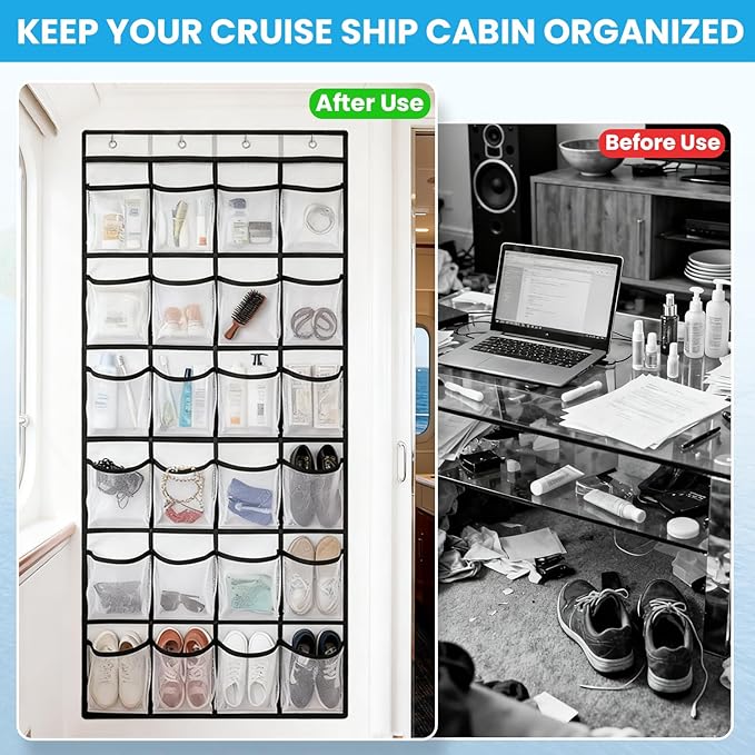 Cruise Essentials 2026 Over The Door Organizer For Cruise Ship 24 Pocket Magnetic Door Organizers with 4 Metal Hooks and 4 Strong Magnets Door Organizer Hanging for Cabin Behind Door Storage Organizer