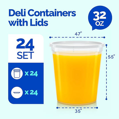 Healthy Packers 32oz Deli Containers with Lids for Food (24 pack) - Food Storage & Soup Clear 32 oz Plastic Deli Cups - BPA Free | Leakproof - Microwaveable - Reusable - Dishwasher & Freezer Safe