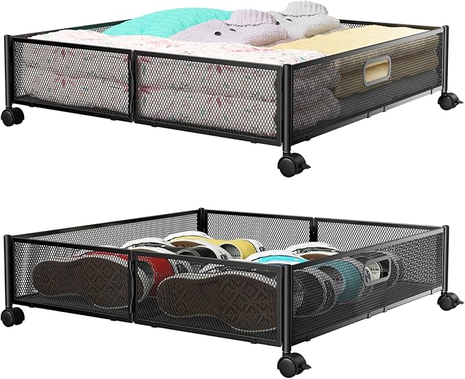 PHINOX Under Bed Storage Containers with Wheels - Shoe Storage Organizer Drawer, Tool-free Assembly Metal Underbed Storage for Bedroom Clothes, Shoes, Blankets - 2Pack
