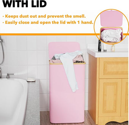 SpaceAid Laundry Hamper with Lid, 110L Large Tall Clothes Basket Bin with Bamboo Handles, Collapsible Laundry Hamper for Bedroom, Bathroom, Dorm, Laundry Room - Pink
