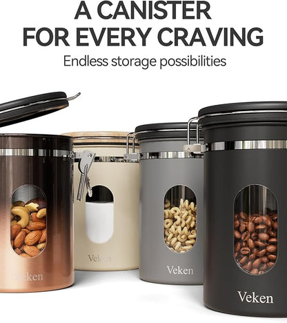 Veken Coffee Canister with Window,Airtight Stainless Steel Kitchen Food Storage Container, Date Tracker & Scoop for Grounds Coffee, Beans, Tea, Flour, Cereal,Sugar,22OZ,Grey (Pack of 2)