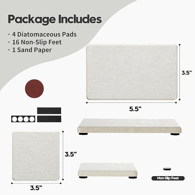Razborci 4PCS Bathroom Sink Vanity Trays, Diatomaceous Earth Quick Stone Drying Mat Kitchen Counter Dish Soap Dispenser Sponge Holder, Water Absorbing Caddy Organizer for Bottle & Cup, Beige