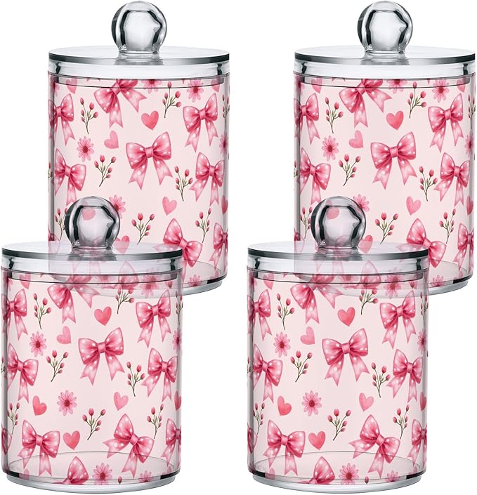 ALAZA 2pcs Pink Bow and Pink Flowers Pattern Qtip Holder Dispenser 14 oz Bathroom Storage Clear Apothecary Jars Containers Cotton Ball,Cotton Rounds,Floss Picks, Hair Clips, Food