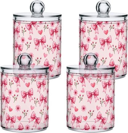 ALAZA 2pcs Pink Bow and Pink Flowers Pattern Qtip Holder Dispenser 14 oz Bathroom Storage Clear Apothecary Jars Containers Cotton Ball,Cotton Rounds,Floss Picks, Hair Clips, Food