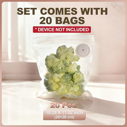 Reusable Vacuum Sealer Bags for Food: 20Pcs (10.24 * 11.02in) BPA-Free Vacuum Seal Bags & 5 Seal Clips, Plastic Clear Freezer Safe Vacuum Food Storage Bags, Microwaveable Zipper Bags for Kitchen