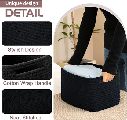 OIAHOMY 4 Pack Storage Baskets for Organizing, Cube Storage Bins for Shelves, Rectangle Storage Baskets With Handles, Woven Baskets for Storage, 16''Lx12''Wx8''H, Black