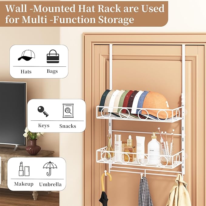 Over Door Hat Organizer 3 Tier Wall Mounted Hat Rack with 2 Adjustable Metal Basket and 3 Hooks Hat Organizer for Baseball caps Hat Hanger Holder Display for Door Closet, Cap Organizer Storage
