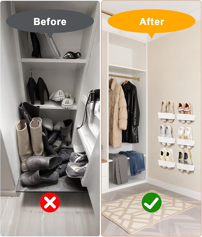 5-PCS Wall Mounted Shoe Rack with Sticky Strips, Space Saving Hanging Shoe Rack, No-Drill Hanging Shoe Shelves, Ideal for RV, Door, Wall, Closet - White