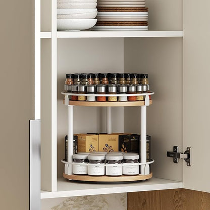 YATINEY Lazy Susan Organizer, Rotating Spice Rack, 2 Tier Spice Turntable Organizer, Industrial Turntable Spice Holder, for Kitchen Countertop, Compact and Versatile, White and Natural SR22WN