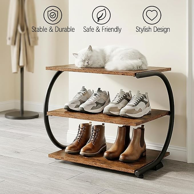 C-Shaped 3-Tier Shoe Rack with Metal Frame & Adjustable Feet - Compact Organizer for Entryway, Closet, Hallway (Holds 11 lbs/Shelf)