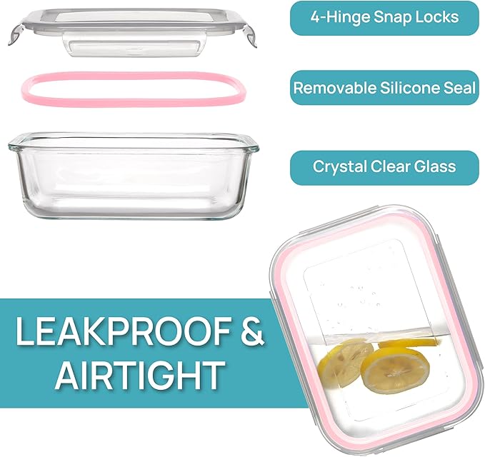 Vtopmart 5Pack 22oz Glass Storage Containers with Lids, Glass Meal Prep Food Container Sets with Snap Airtight Lids for Microwave, Oven, Freezer and Dishwasher, Pink