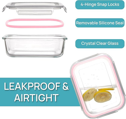 Vtopmart 5Pack 22oz Glass Storage Containers with Lids, Glass Meal Prep Food Container Sets with Snap Airtight Lids for Microwave, Oven, Freezer and Dishwasher, Pink