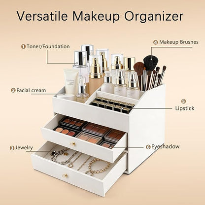 Homeanda Makeup Organizer with Drawers, PU Leather Cosmetic Storage Box Large Cosmetic Display Case for Skincare, Lipstick, Brushes, Bedroom Storage(White)