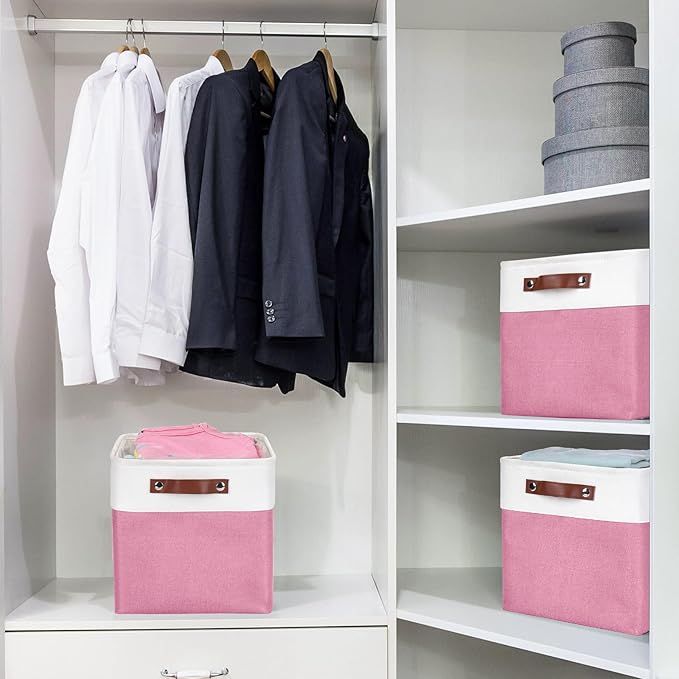 Bagnizer Collapsible Fabric Storage Cubes 11x11 Cube Storage Bins, 4 Pack Closet Baskets Box with Handles for Organizing, Shelf, Toys, Clothes, Home, Office, Nursery (Pink&White)