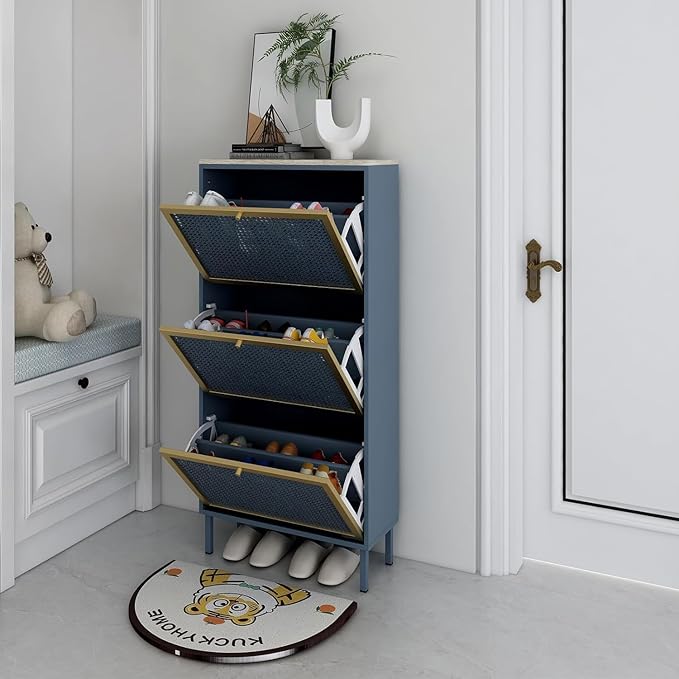 Natural Rattan Shoe Cabinet with 3 Flip Drawers, Entrance Hallway Free Standing Shoe Racks with Metal Legs for Heels, Boots, Slippers (Blue)