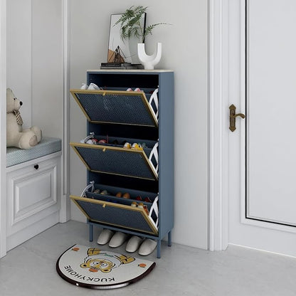 Shoe Storage Cabinet for Entryway - Shoe Cabinet Organizer with Metal Rattan 3 Flip Drawer,Wood Free Standing Rack, Hidden Slim Shoe Cabinet for Hallway, Living Room, Bathroom (Blue)