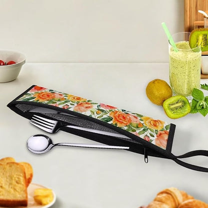 Portable Tableware Carrier Pouch Cutlery Bag Silverware Organizer Accessories for Travel Camp Party, Blooming Flower
