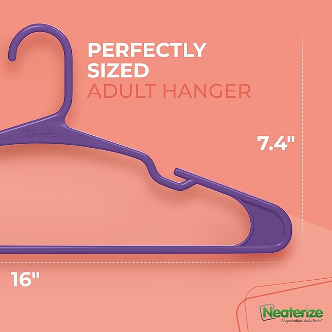 NEATERIZE Clothes Hangers Plastic 50 Pack For Adults - Plastic Hangers, The Perfect Coat Hanger and Space Saving Clothes Hangers for Closet, Percheros Ganchos para Colgar Ropa Hangars - Purple Hangers