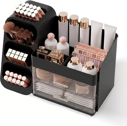 Booklov Makeup Organizer for Vanity, Large Capacity Cosmetic Display Case with Drawers, Countertop Beauty Storage Holder for Skincare, Brush Eyeliner Perfume Eyeshadow Lipsticks, Counter Desk, Black