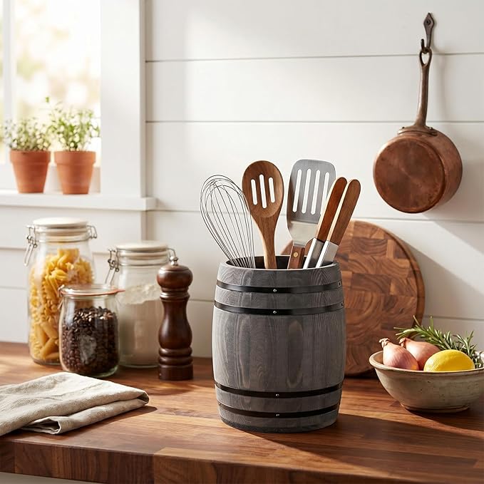 MyGift Wine Barrel Design Kitchen Utensil Crock, Vintage Gray Solid Wood Cooking Tool Holder