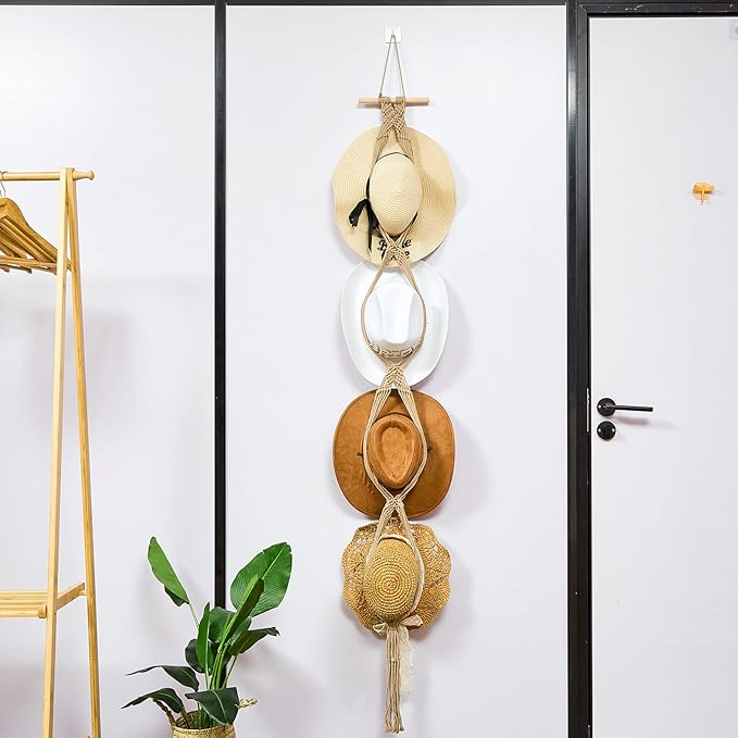 Yulejo Macrame Hat Hangers Racks Boho Cowboy Hats Holders Western Display Organizer Storage decor Back of Door for Wall(Beige,Four Hats Style)