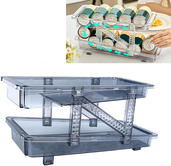 Auto Rolling Soda Can Dispenser Blue Organizer Dispenser 2 Tier Adjustable Width Drink Container Holder for Fridge