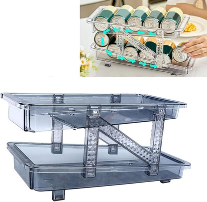 Auto Rolling Soda Can Dispenser Blue Organizer Dispenser 2 Tier Adjustable Width Drink Container Holder for Fridge