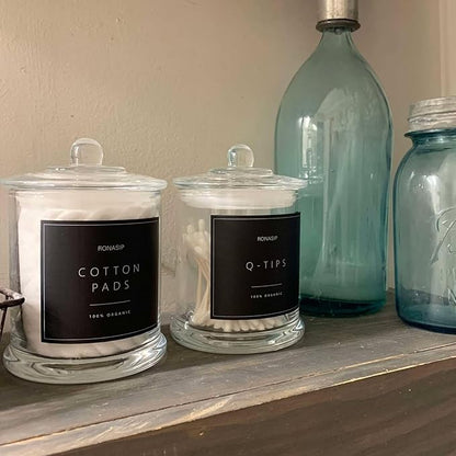 Ronasip Qtip Holder & Cotton Pad Dispenser, Bathroom Organizer and Storage Canisters, 16oz Glass Apothecary Jars for Kitchen, Restroom - Home Decor, Room Decor Aesthetic (2 Pack, Transparent)