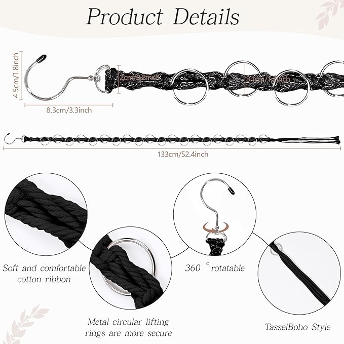 SNOWSTAR Macrame Hair Claw Clip Organizer with Rotating Hook and 20 Metal Rings,Hanging Hair Clip Holder and Storage for Women Girls,Claw Clips Hanger Home Decor for Wall,Door,Closet (Black1PCS)