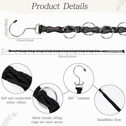 SNOWSTAR Macrame Hair Claw Clip Organizer with Rotating Hook and 20 Metal Rings,Hanging Hair Clip Holder and Storage for Women Girls,Claw Clips Hanger Home Decor for Wall,Door,Closet (Black1PCS)