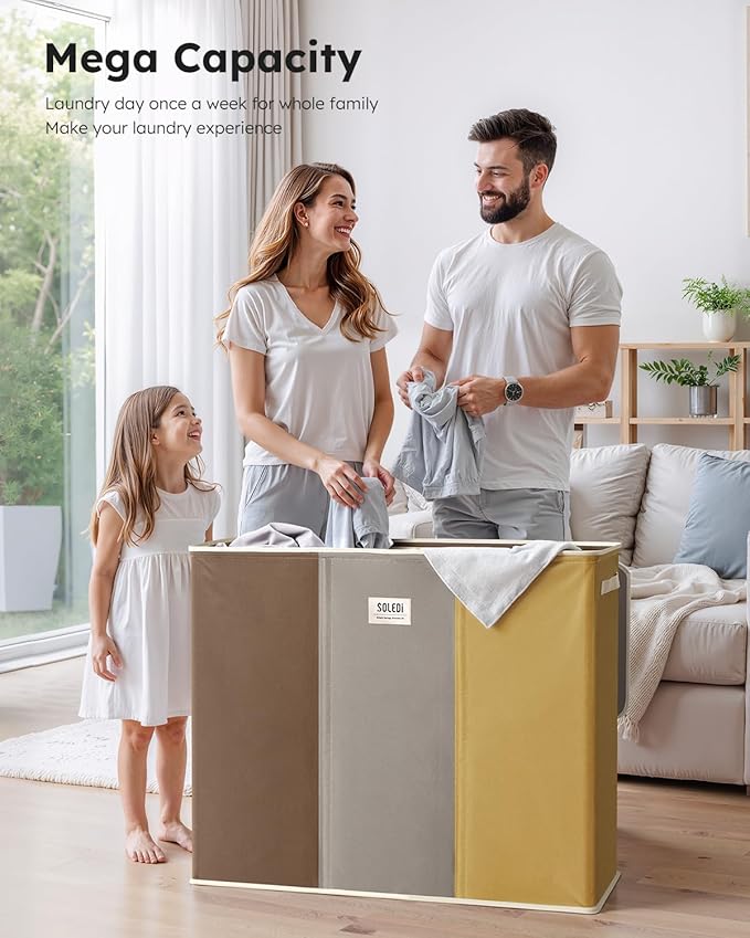 SOLEDI 180L 3-Section Laundry Hamper with Lid, Extra Large Dirty Clothes Basket with Sturdy Handles for Laundry Room & Bedroom - Durable Organizer for Sorting Laundry