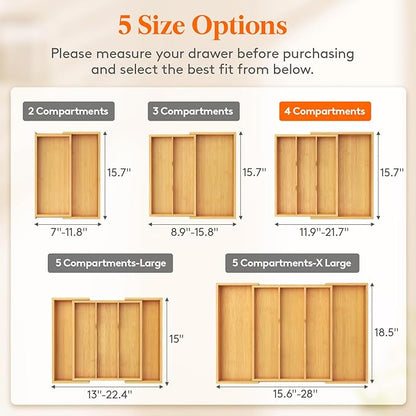 Lifewit Utensil Organizer for Kitchen Drawer, Expandable Cooking Utensil Tray, Cutlery Silverware Flatware Holder, Wood Adjustable Spatula Tools Storage Divider, 30-55 x 40cm, Natural