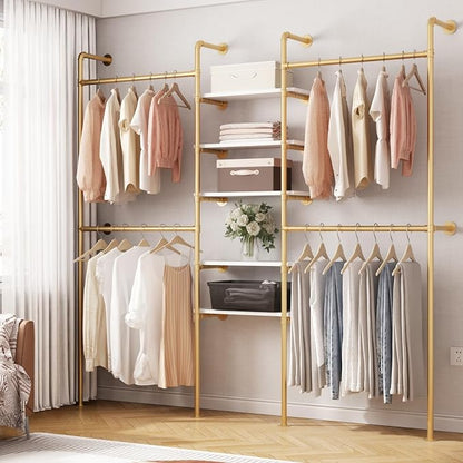 Industrial Pipe Clothing Racks with 5 Shelves, Wall Mounted Gold Clothes Rack for Hanging Clothes, Gold Wall Clothing Rack, Heavy Duty Clothes Rack for Walk in Closet, Laundry Room
