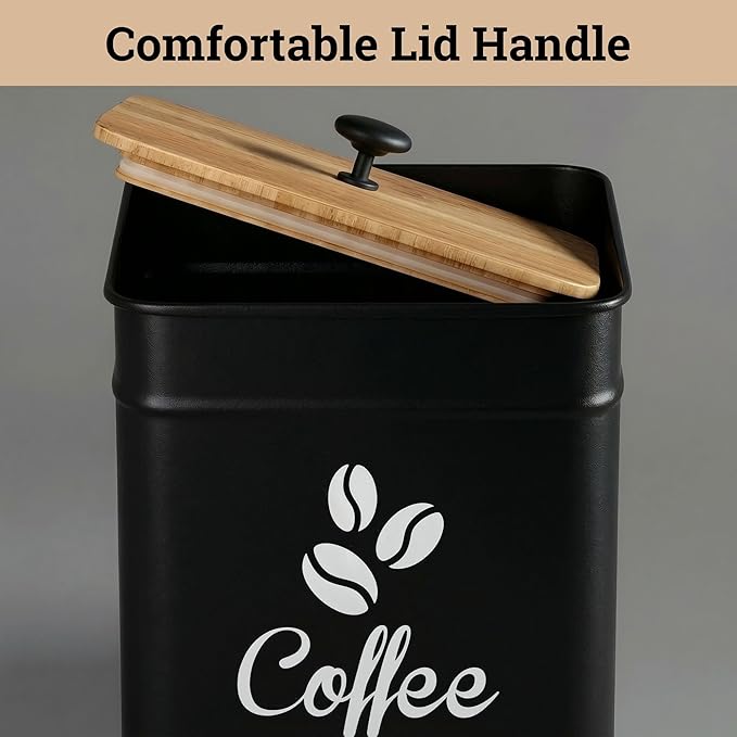 Airtight Coffee Canister - 40 oz Large Iron Black Coffee Container Airtight - 6 x 8 inch Metal Jar - Stylish Countertop Container for Coffee Grounds, Beans, Pods & More with Rubber-Lined Bamboo Lid