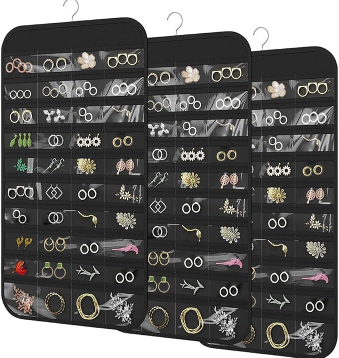 3PCS Hanging Jewelry Organizer with 80 Pocket Double-Sided Jewelry Holder Storage Wall Door Closet Accessories Organizer for Earrings, Necklaces, Rings (Black)
