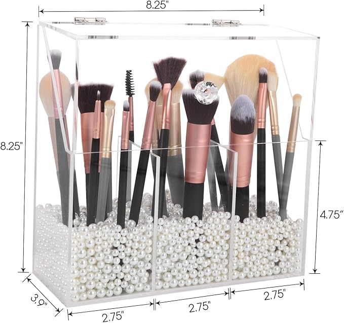 Vevitts Acrylic Makeup Brush Holder, Clear Cosmetic Storage Box with 3 Brush Holders, Dust Cover, Large-Capacity Split Design for Organizing Vanity Desk