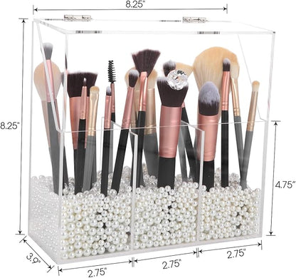 Vevitts Acrylic Makeup Brush Holder, Clear Cosmetic Storage Box with 3 Brush Holders, Dust Cover, Large-Capacity Split Design for Organizing Vanity Desk