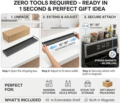 AWOKE Magnetic Over the Stove Shelf, 16" to 30" Extendable Steel Spice Rack for Back of Stove, Above Oven Storage Organizer, Stove Top Shelf for Kitchen Range, Heat Resistant Ledge for Spices & Oils